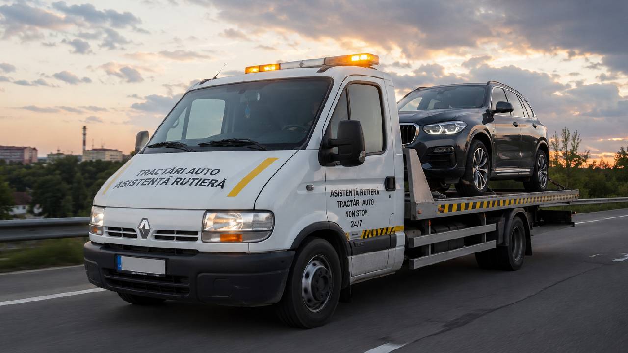 tractari auto masina care tracteaza pe platforma auto
