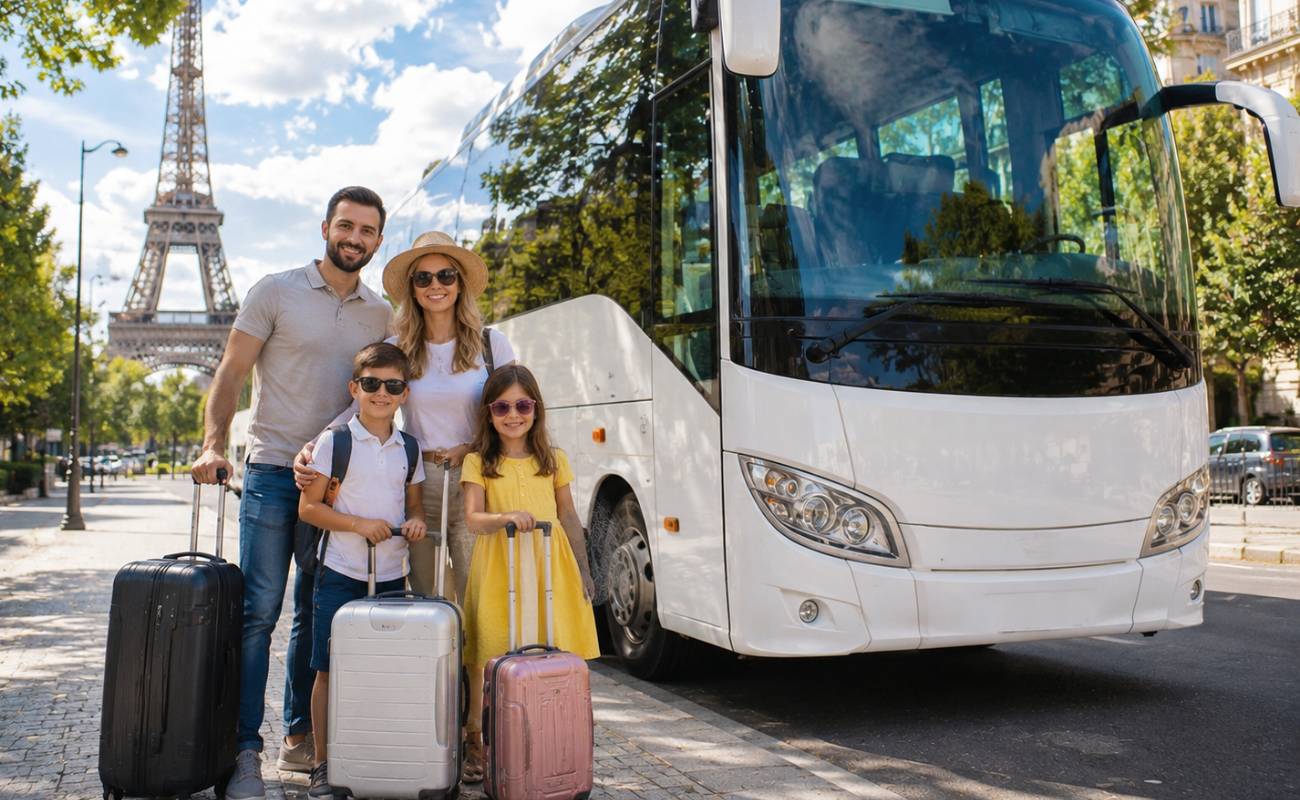 familie cu un copil langa un autocar in frata cu turnul Efel in fundal