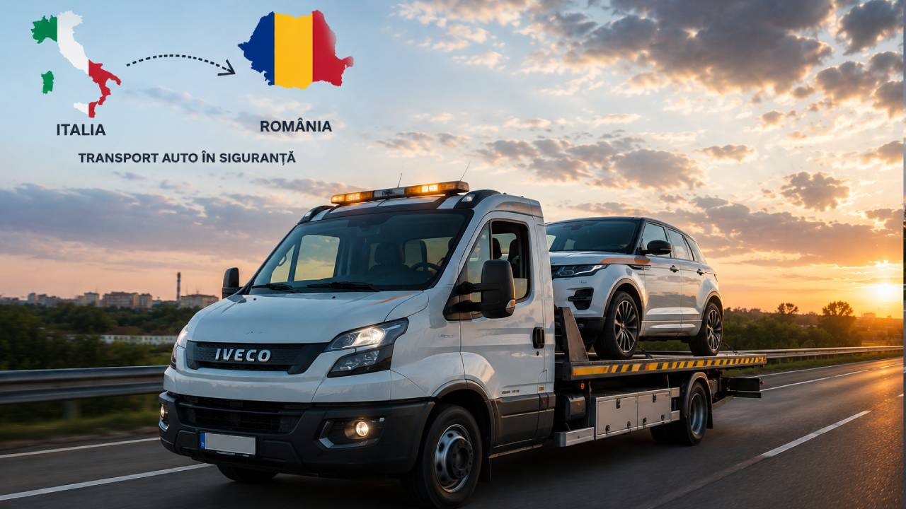 camion care tracteaza un automobil pe platforma auto